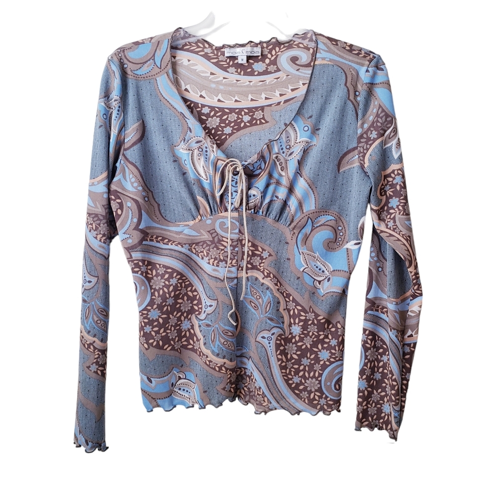 Vintage Moa Moa Blue Brown Floral Top